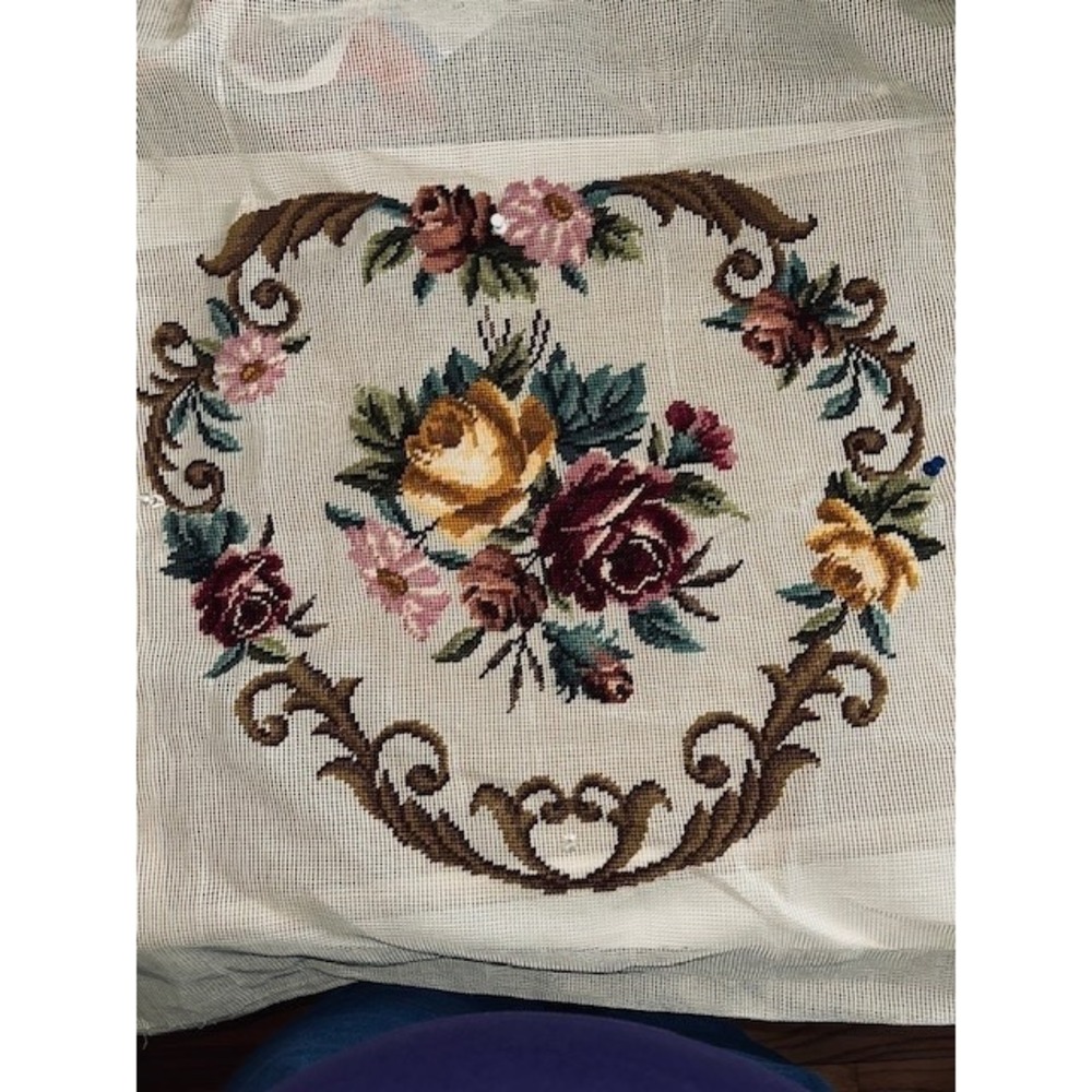 Vintage Needlepoint Canvas Preworked, Roses Flowers